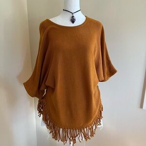 Vintage Y2K Boho Rockstar GF Fringe Poncho Tunic Sweater Top Rust Orange Brown S